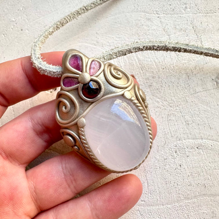 Protection amulet crystal necklace with mango calcite and pink tourmaline gemstones