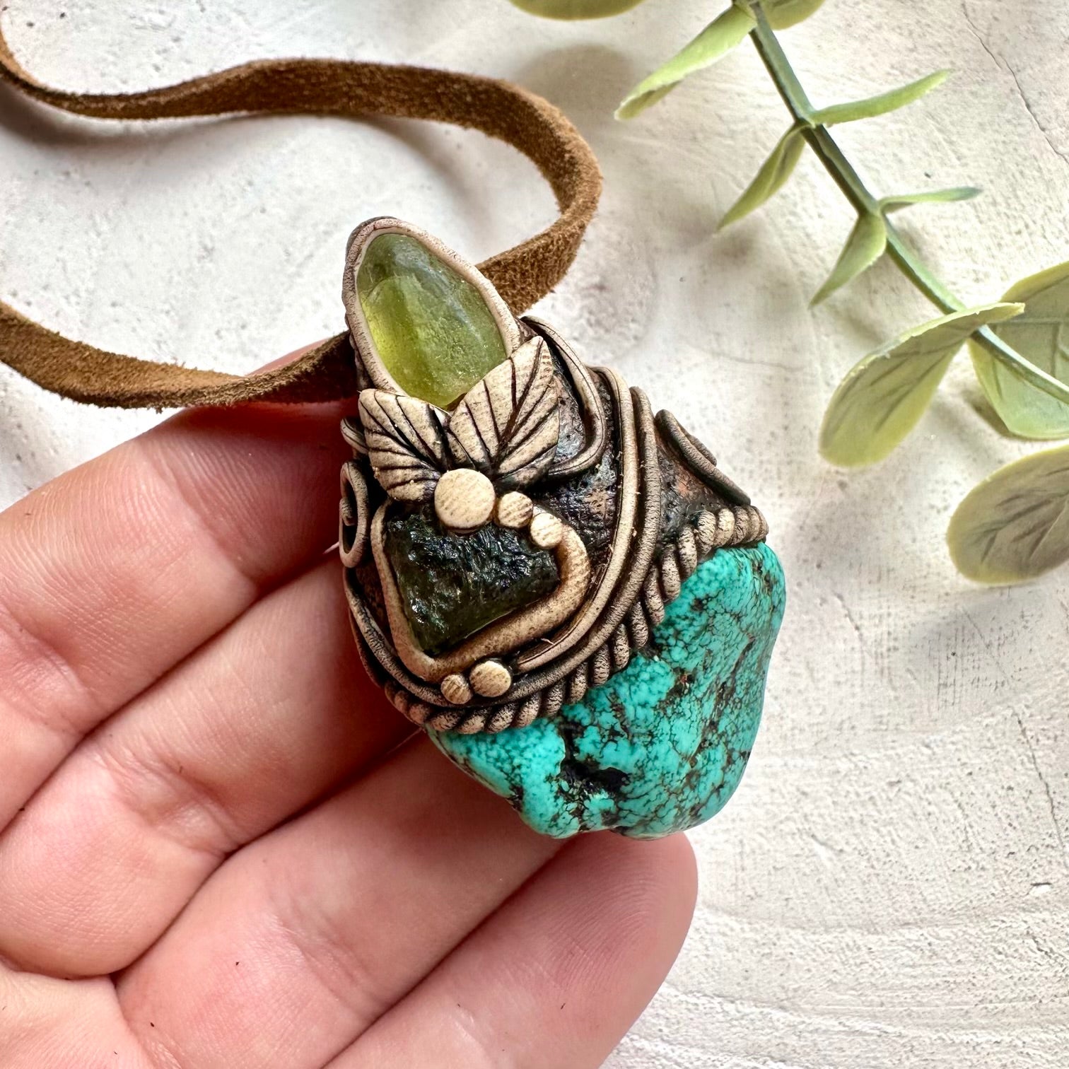 Natural gemstone crystal necklace with Turquoise, Peridot and Moldavite handmade boho jewelry