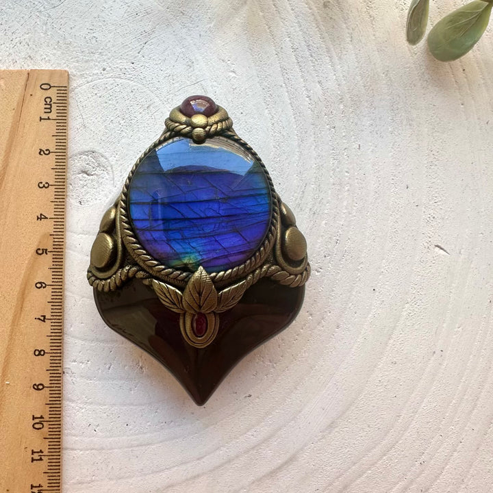 Natural Rainbow Obsidian pendant handcrafted with Labradorite, Ruby and Rhodolite Garnet.