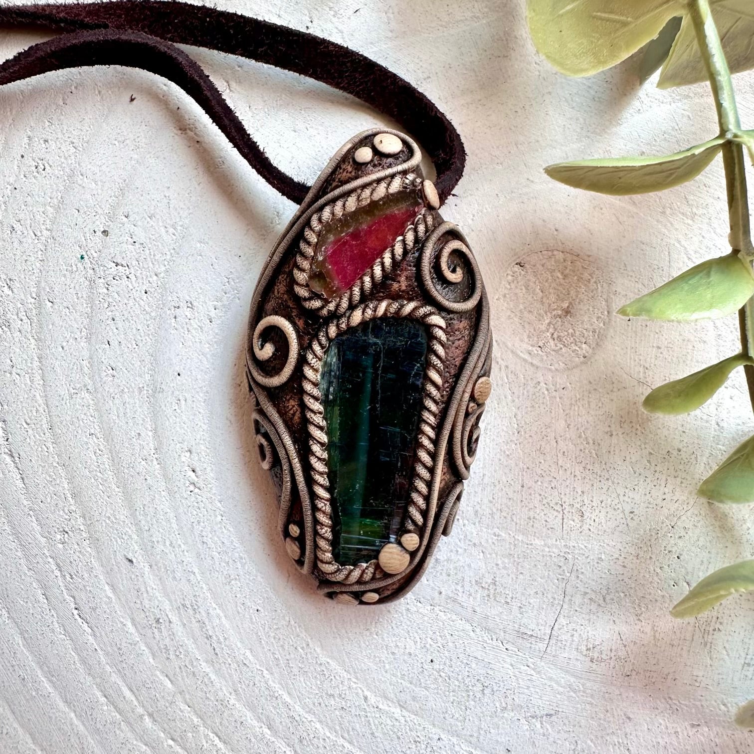 Vivianite and Watermelon Tourmaline crystal talisman necklace