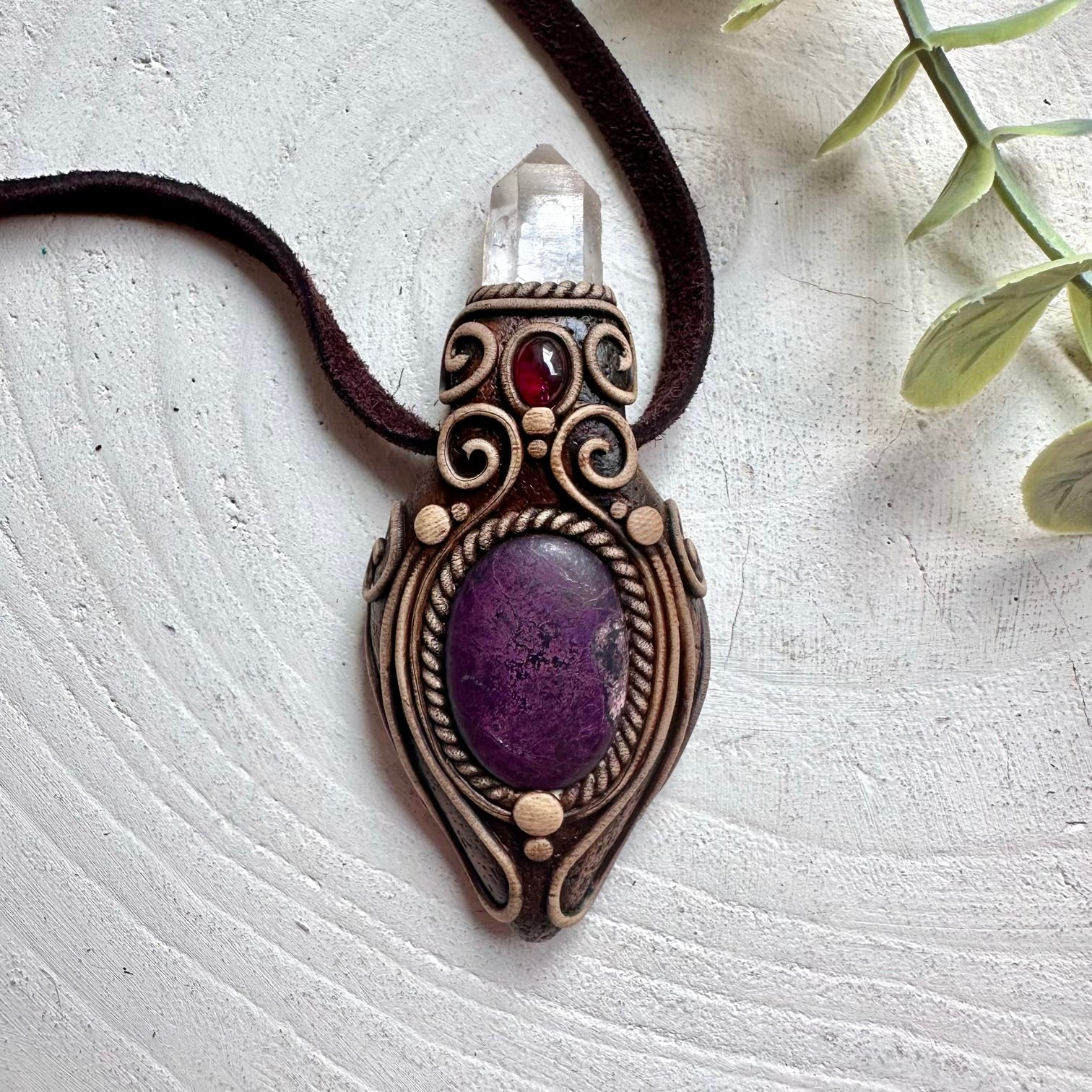 Sugilite Clear Quartz and Rhodolite Garnet crystal talisman necklace