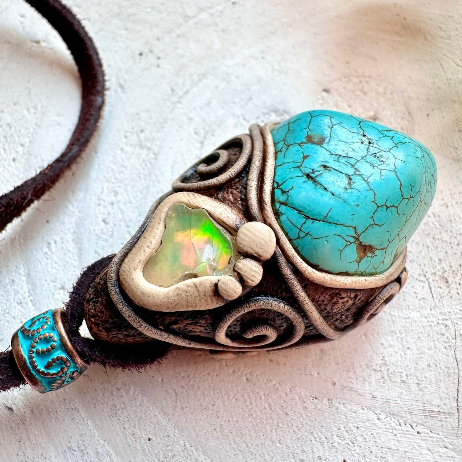 Healing crystal necklace fantasy jewelry turquoise and Ethiopian opal pendant