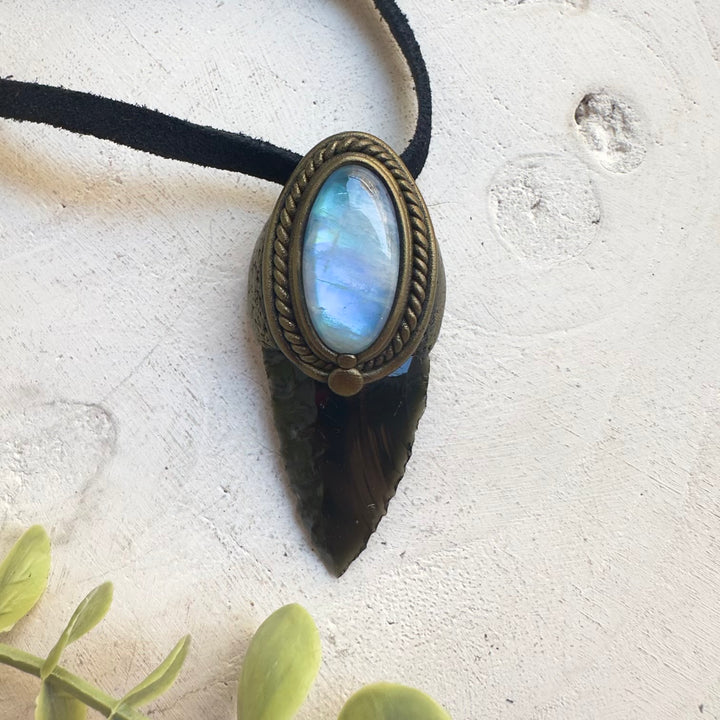 Protection amulet necklace featuring Black Obsidian arrowhead and Rainbow Moonstone