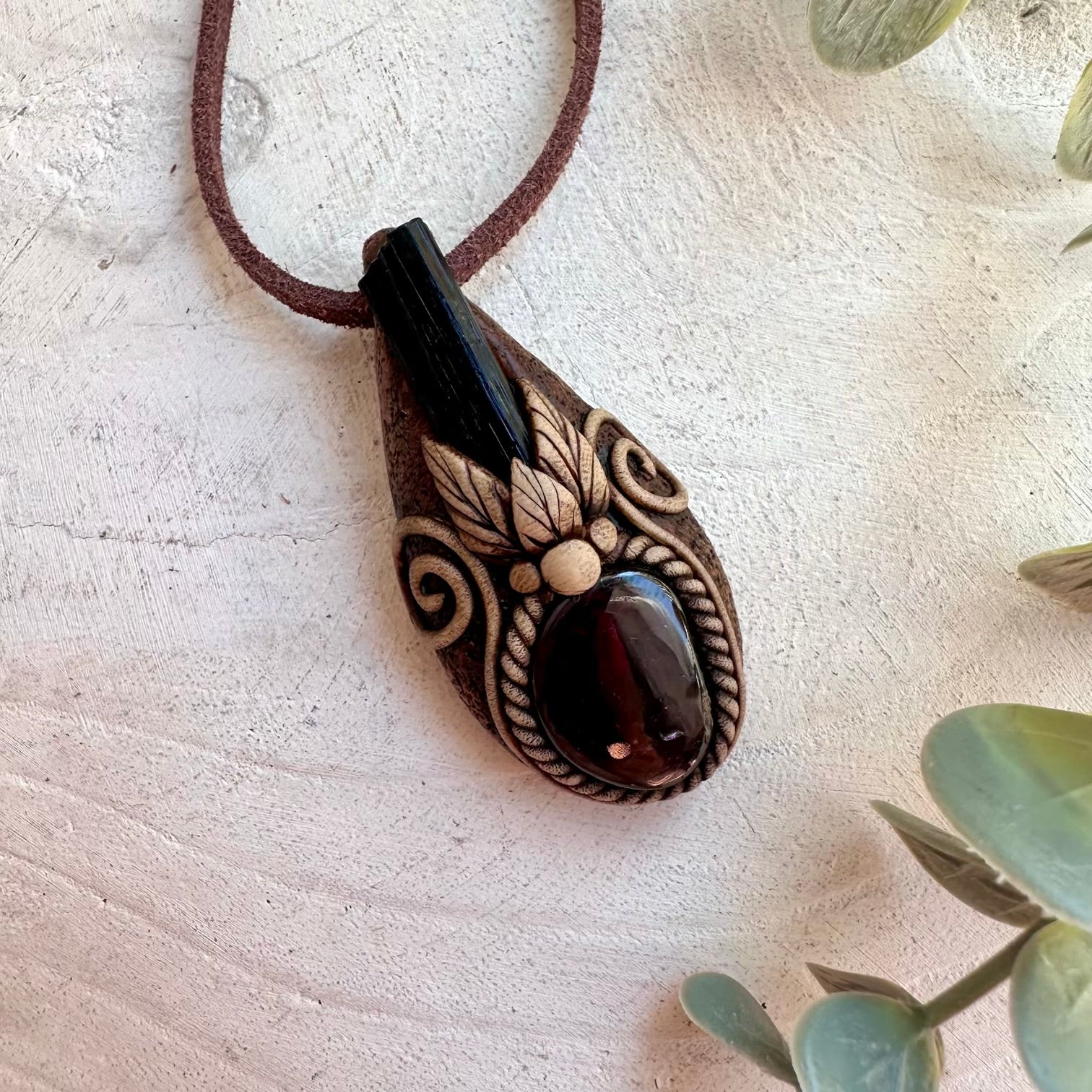 Protection crystal necklace with Black Tourmaline and Garnet stones