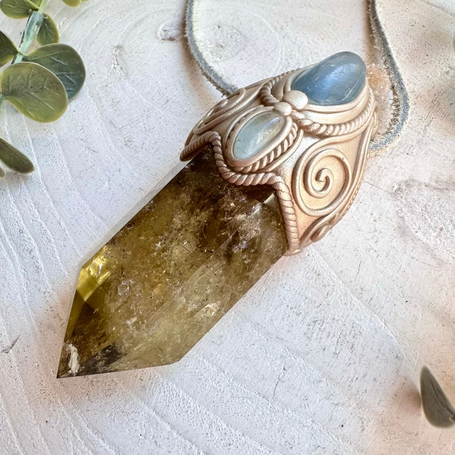 Spiritual crystal wand for meditation manifestation and emotional balance with citrine celestite spirit quartz and topaz