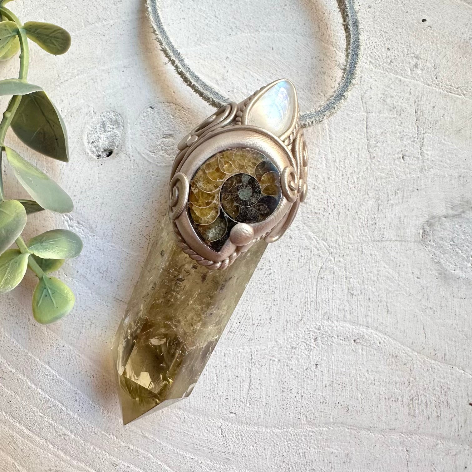 Healing crystal wand necklace fantasy jewelry citrine ammonite pendant