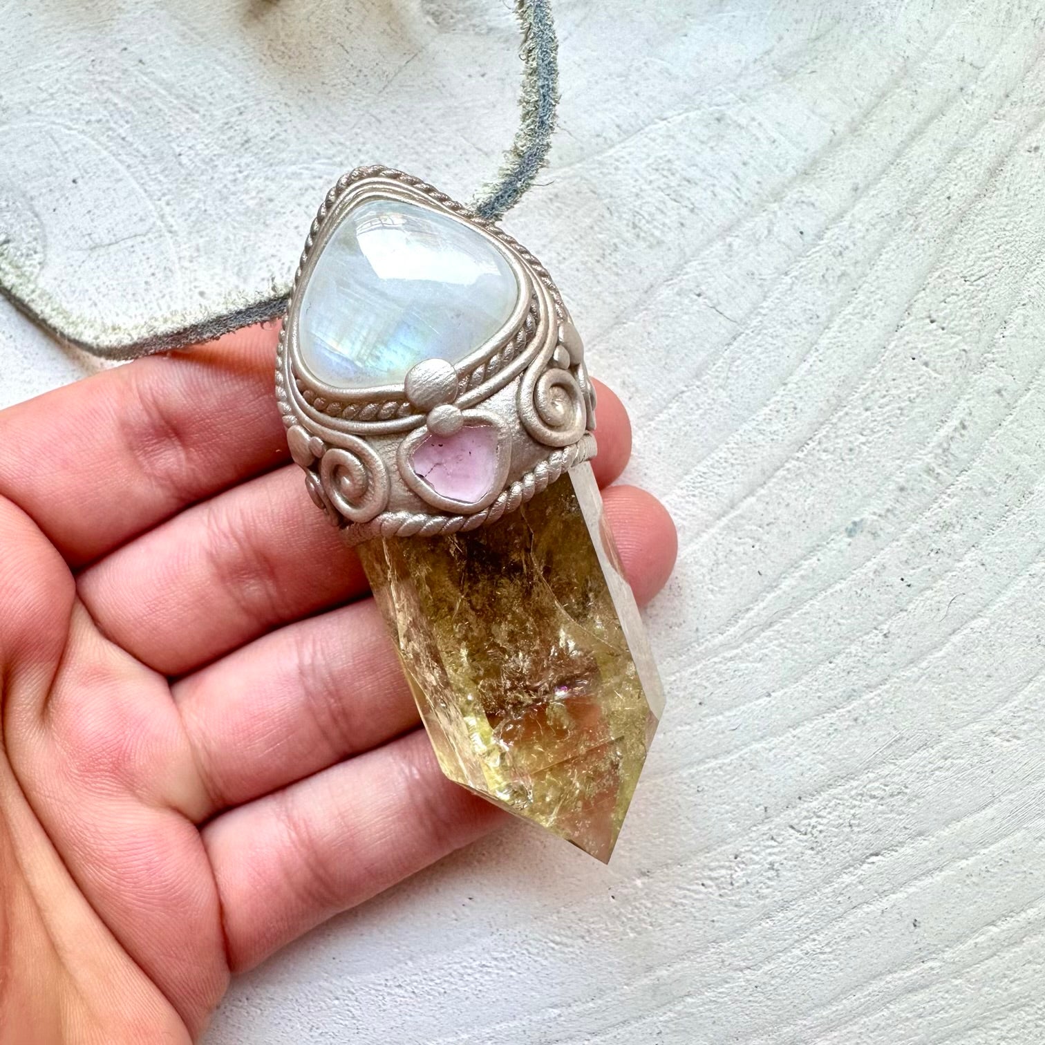 Metaphysical healing jewelry citrine rainbow moonstone pink tourmaline necklace