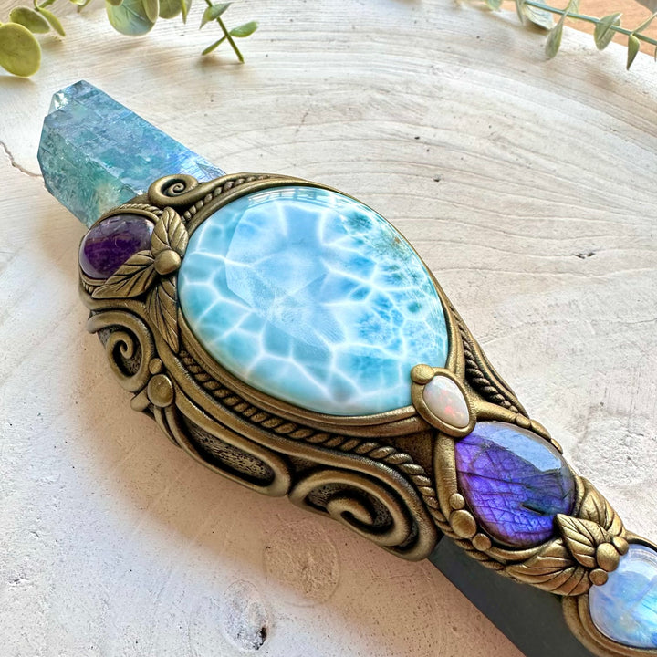 Handmade ritual tool featuring natural gemstones for intention setting, mindfulness and crystal healing.