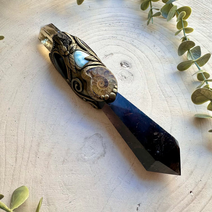 Energy healing crystal wand featuring smoky quartz citrine larimar and moldavite