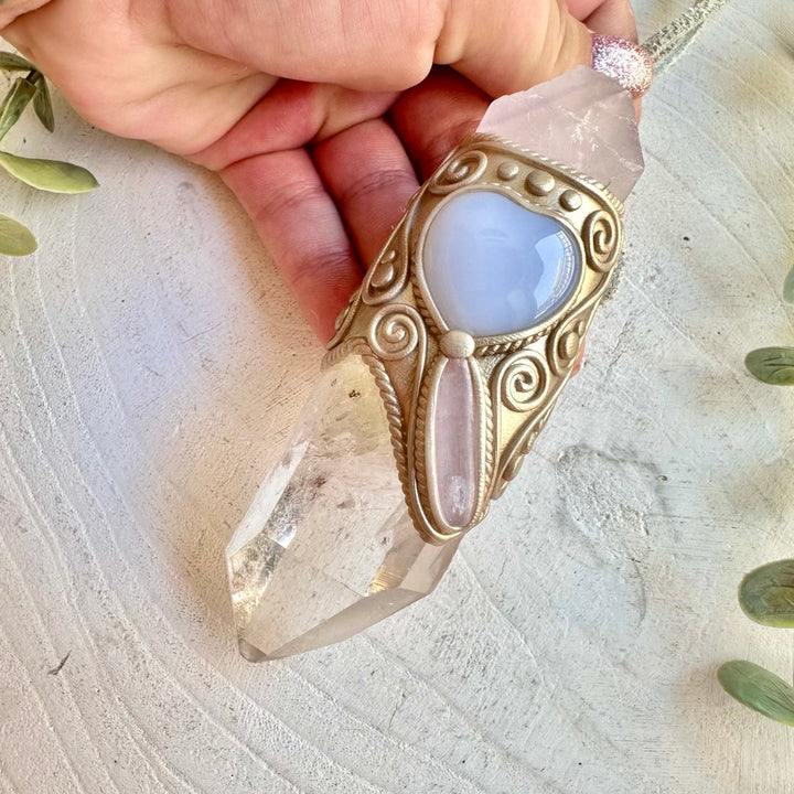 Handmade healing crystal wand with clear quartz kunzite chalcedony and fluorite