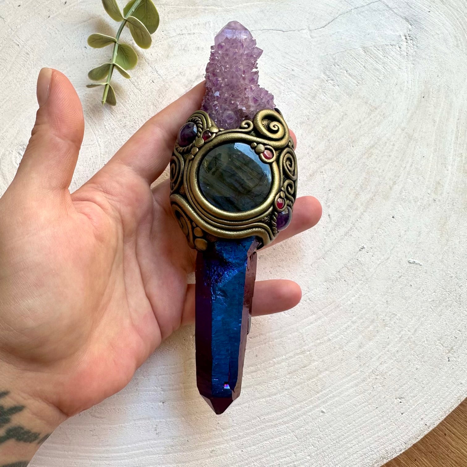 Unique handmade crystal wand made with Cobalt Aura Quartz and premium natural healing crystals.