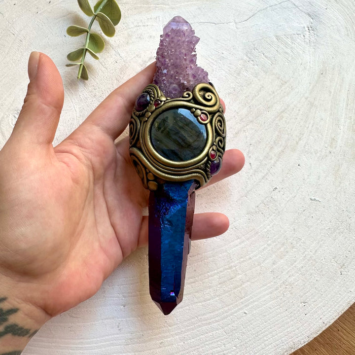 Unique handmade crystal wand made with Cobalt Aura Quartz and premium natural healing crystals.