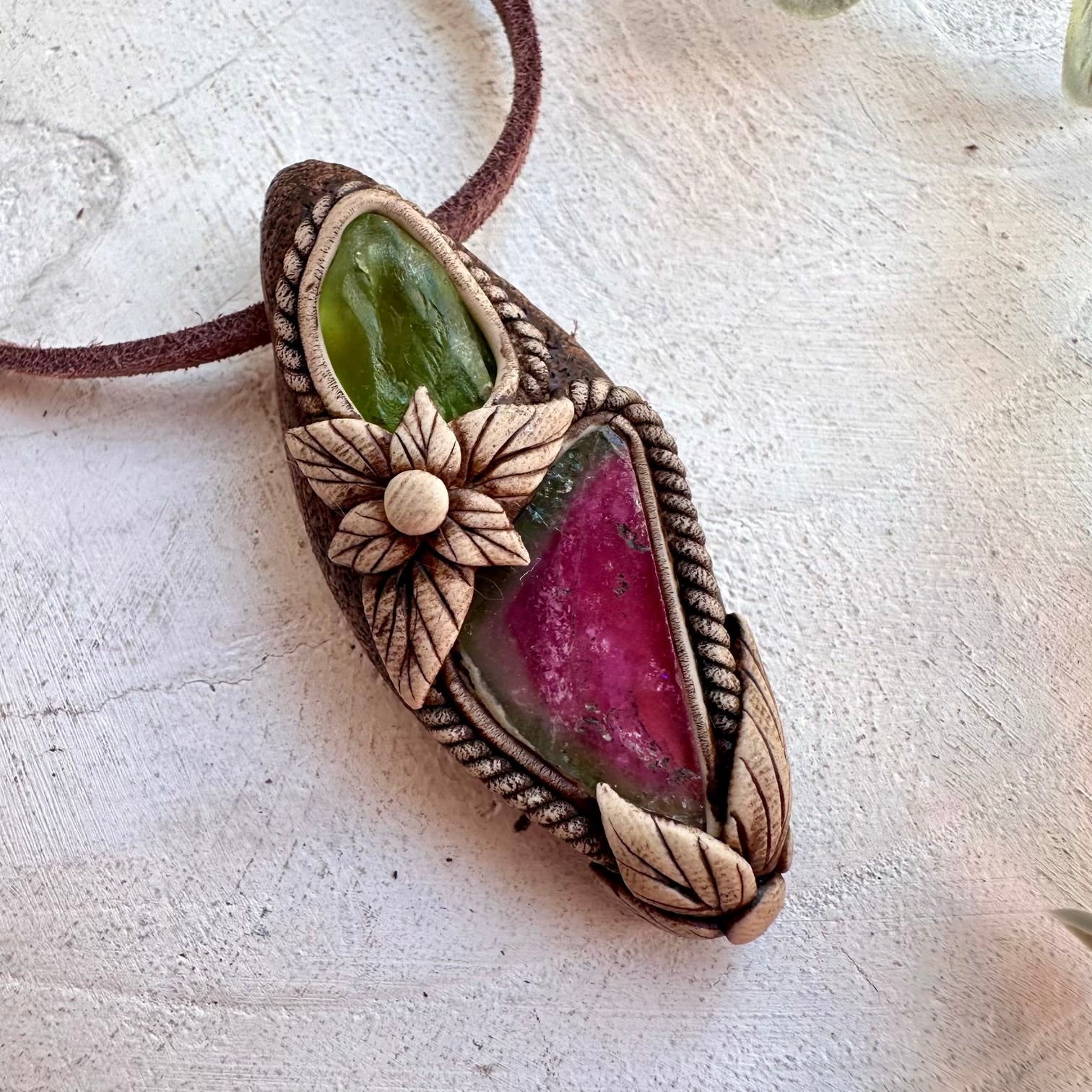 Handmade gemstone necklace combining Peridot and Watermelon Tourmaline