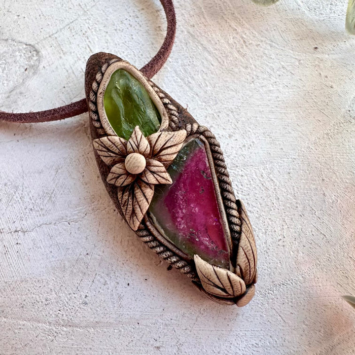 Handmade gemstone necklace combining Peridot and Watermelon Tourmaline