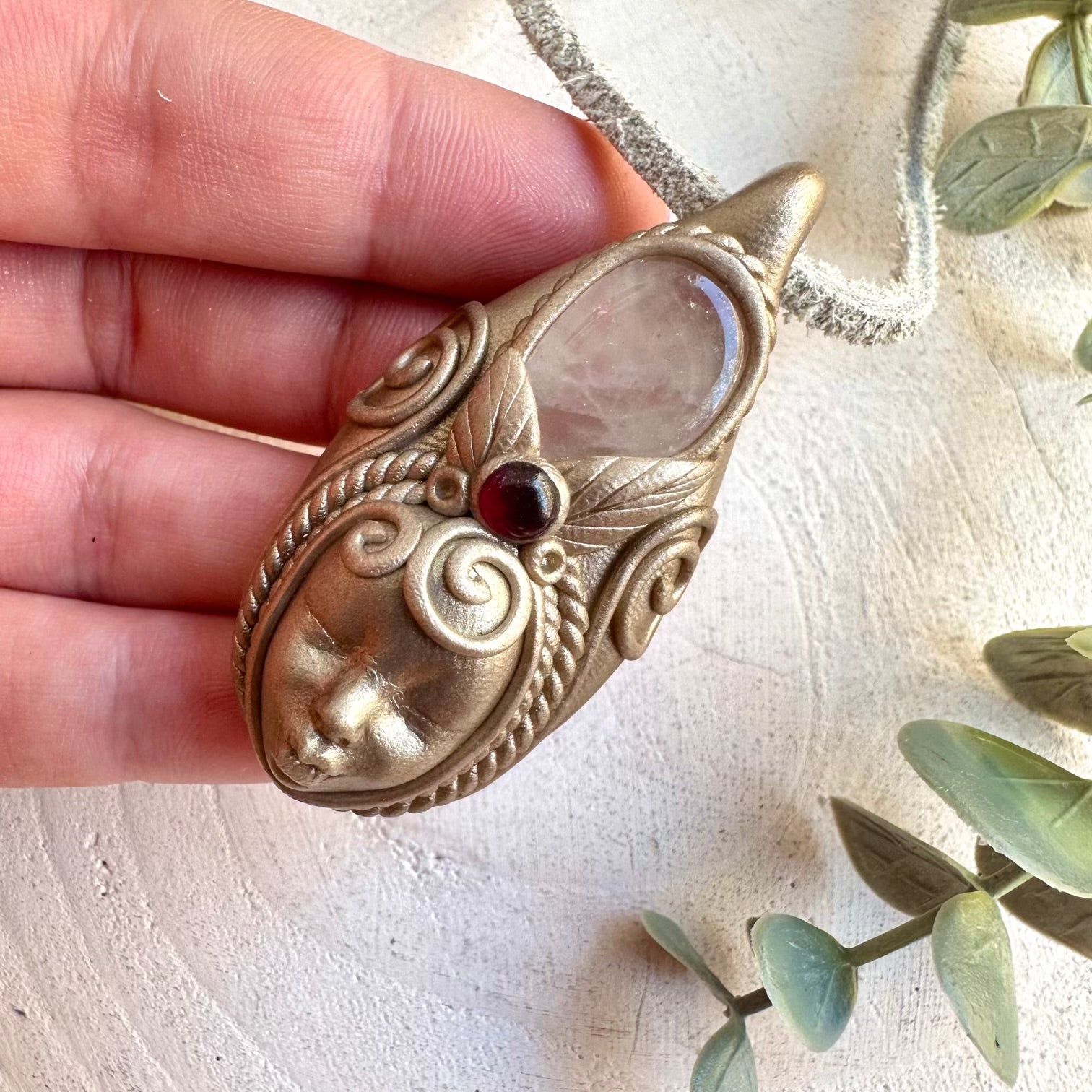 Spiritual goddess necklace featuring heart chakra healing rose quartz and rhodolite garnet gemstones
