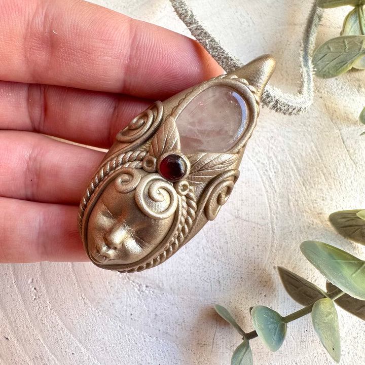 Spiritual goddess necklace featuring heart chakra healing rose quartz and rhodolite garnet gemstones