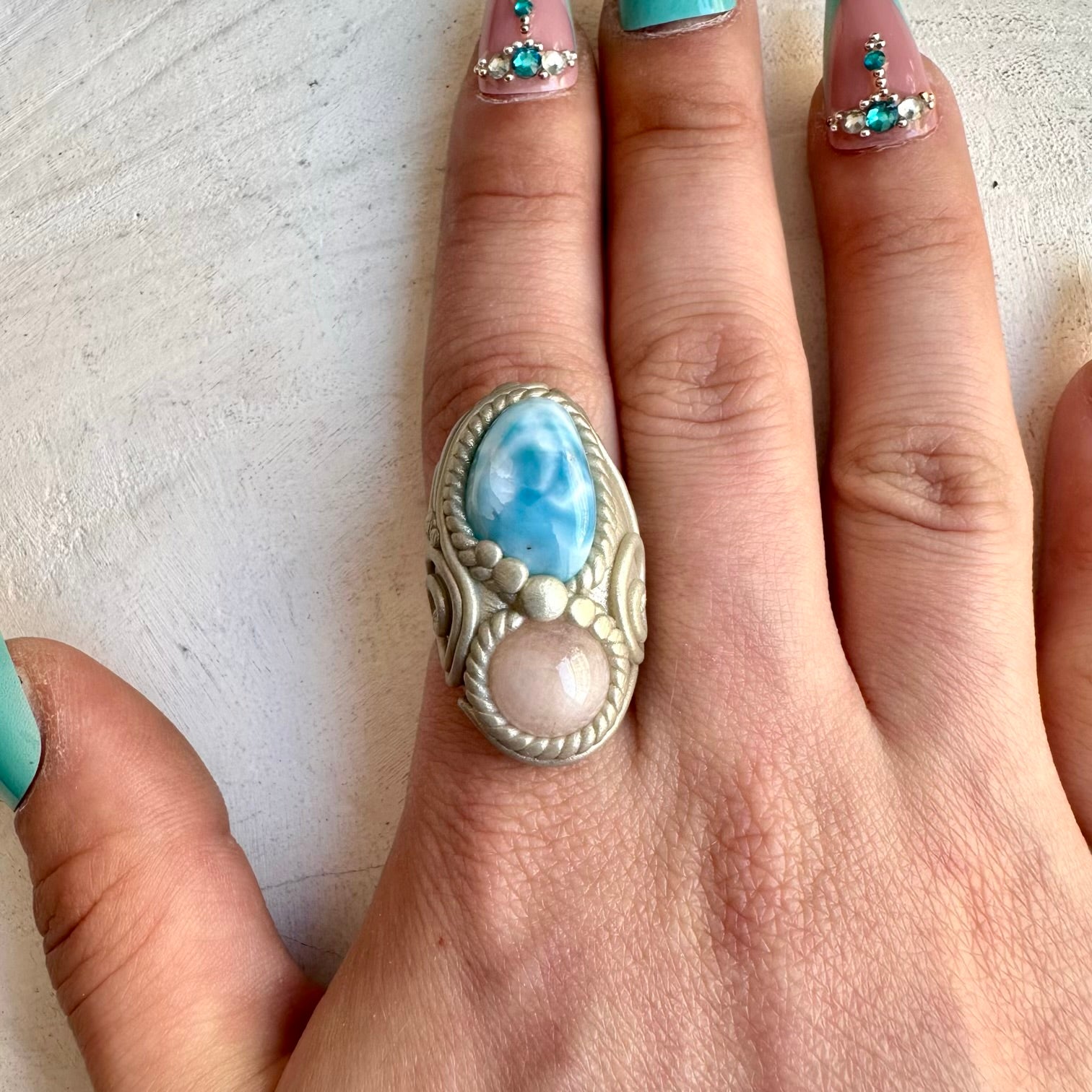 Larimar and morganite handmade healing crystal ring