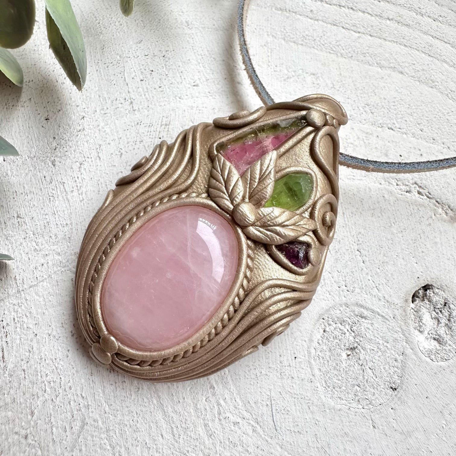 Handmade talisman necklace with watermelon tourmaline crystal