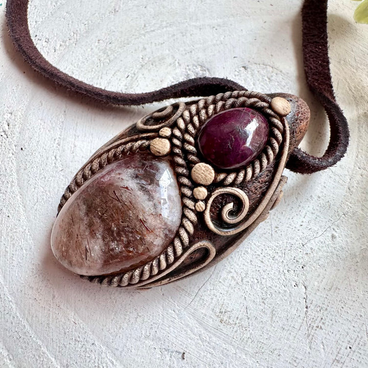 pendant with Hematite Quartz and Ruby handmade from genuine natural gemstones