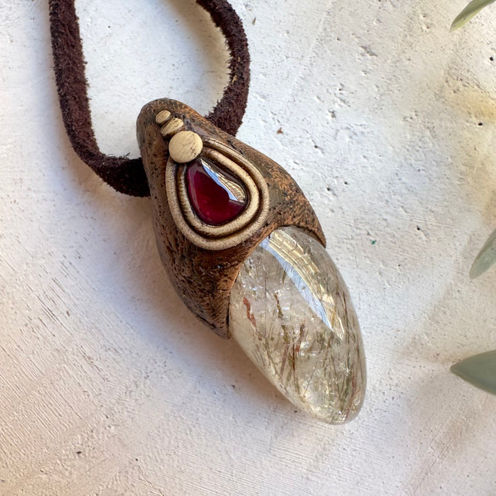 Hematite quartz and rhodolite garnet necklace healing crystal pendant