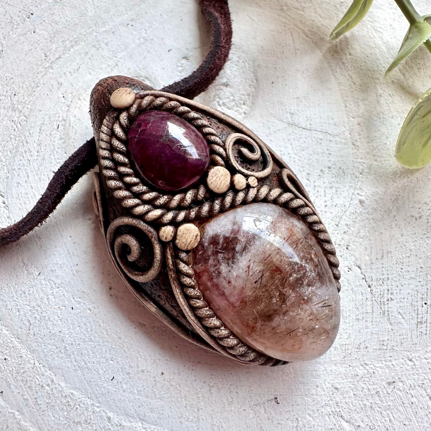 Hematite Quartz and Ruby crystal talisman necklace
