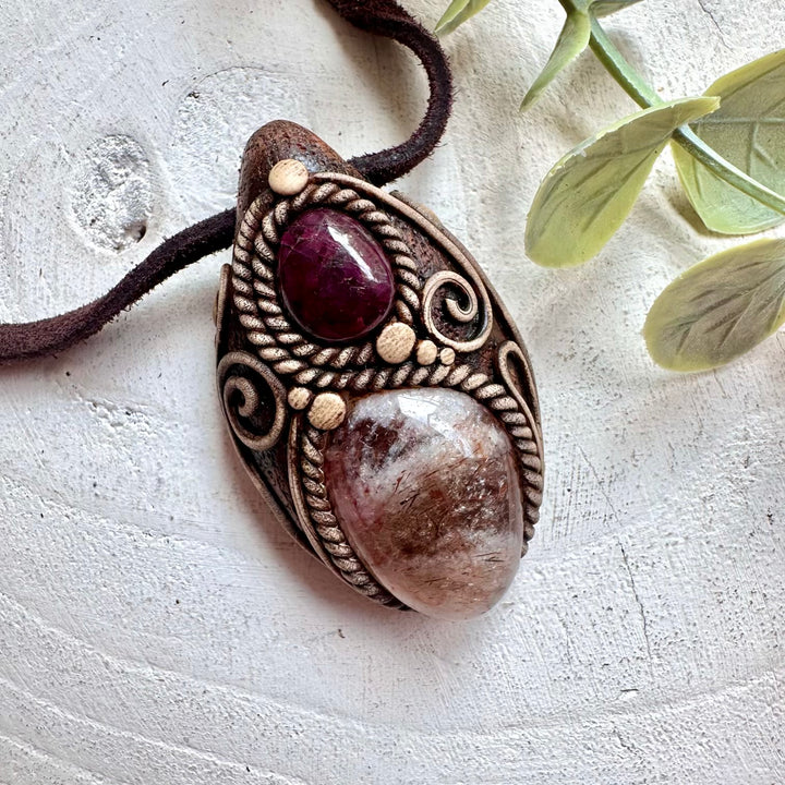 Handmade Hematite Quartz and Ruby pendant necklace featuring natural healing crystals