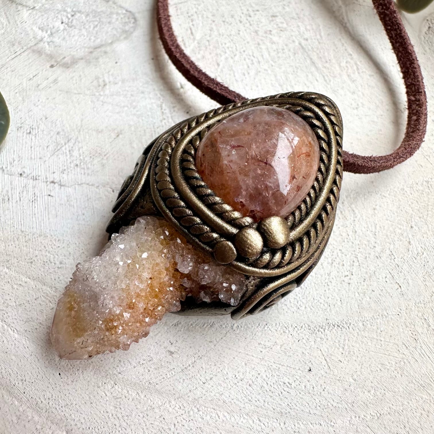 Spirit Quartz gemstone necklace paired with Hematite Quartz for grounding, clarity, and emotional healing.