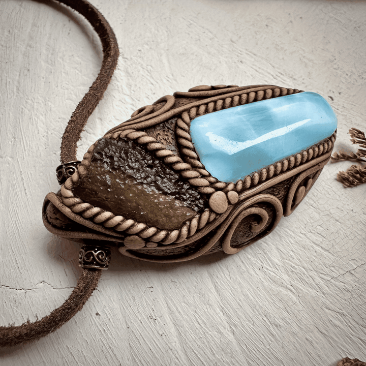 Larimar and Moldavite Pendant Necklace - FairyGardenGlow