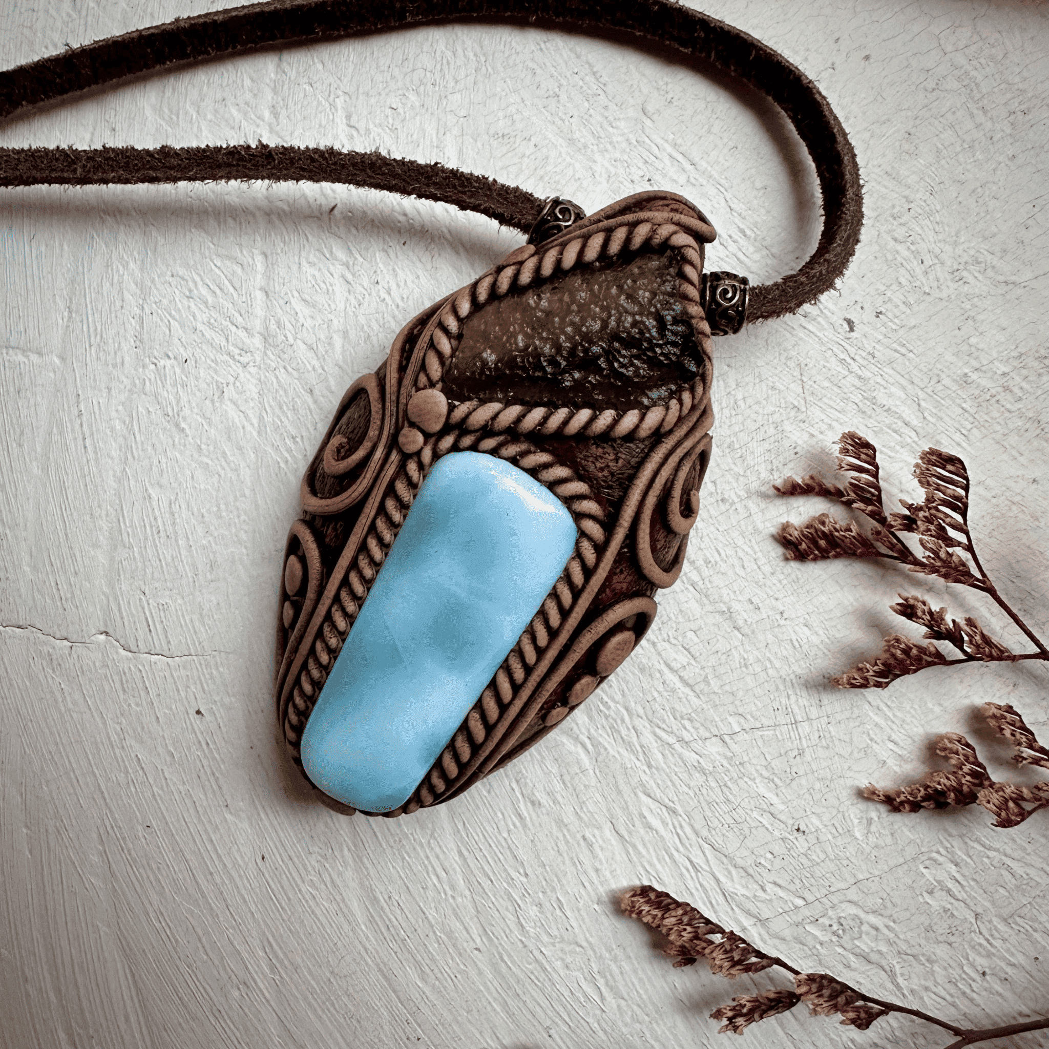 Larimar and Moldavite Pendant Necklace - FairyGardenGlow