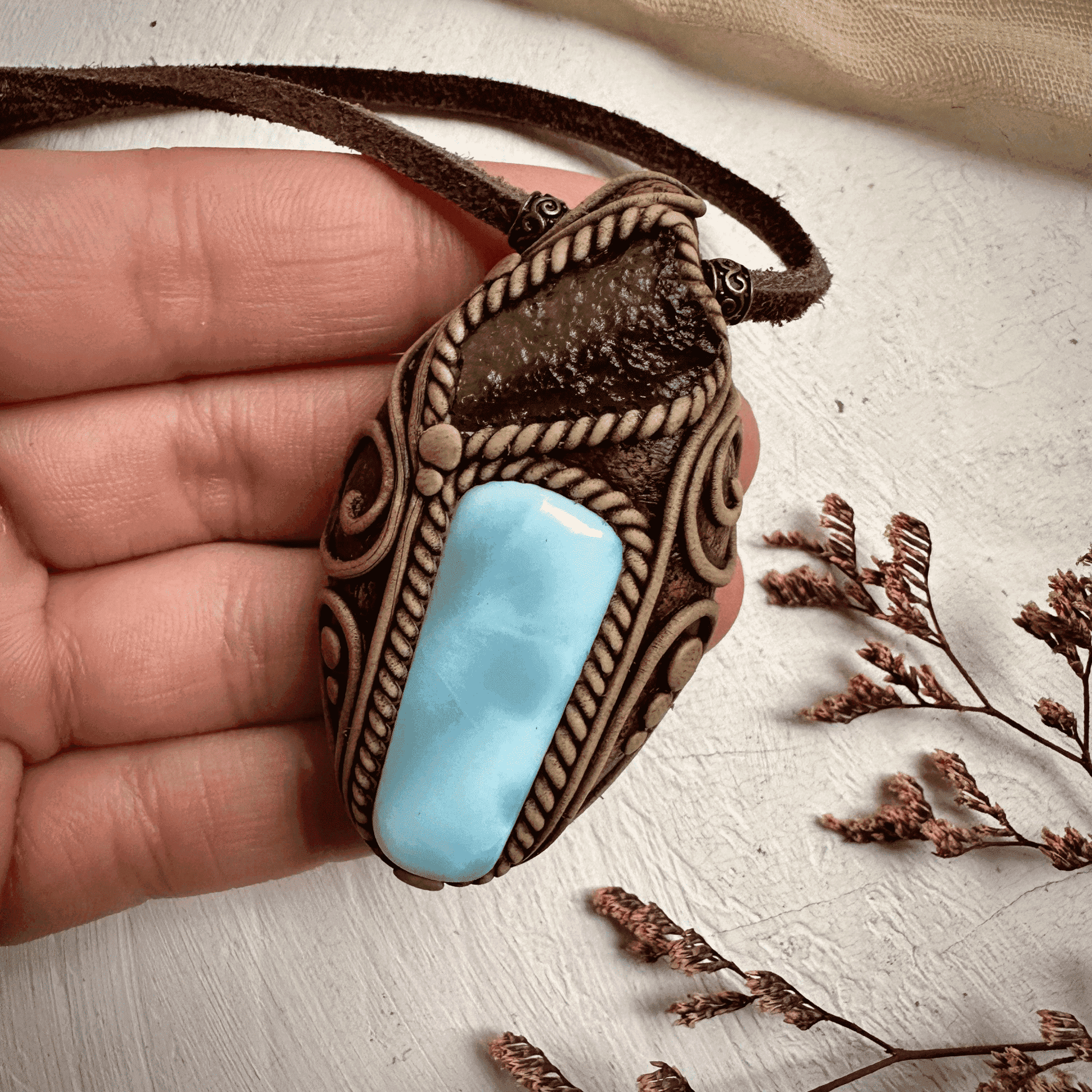 Larimar and Moldavite Pendant Necklace - FairyGardenGlow
