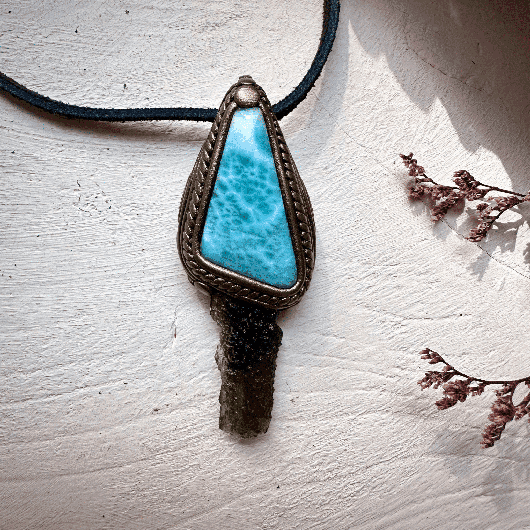 Larimar and Moldavite Pendant Necklace - FairyGardenGlow