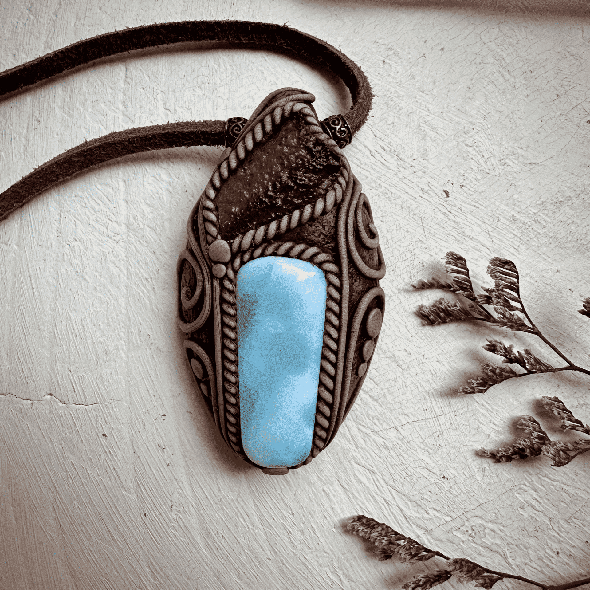 Larimar and Moldavite Pendant Necklace - FairyGardenGlow