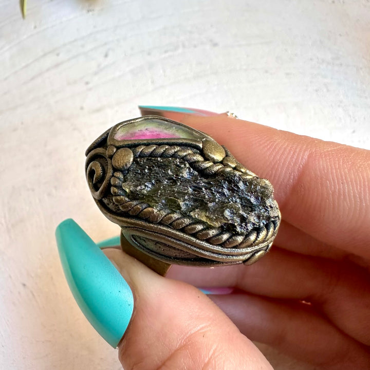 Healing crystal ring with moldavite and watermelon tourmaline