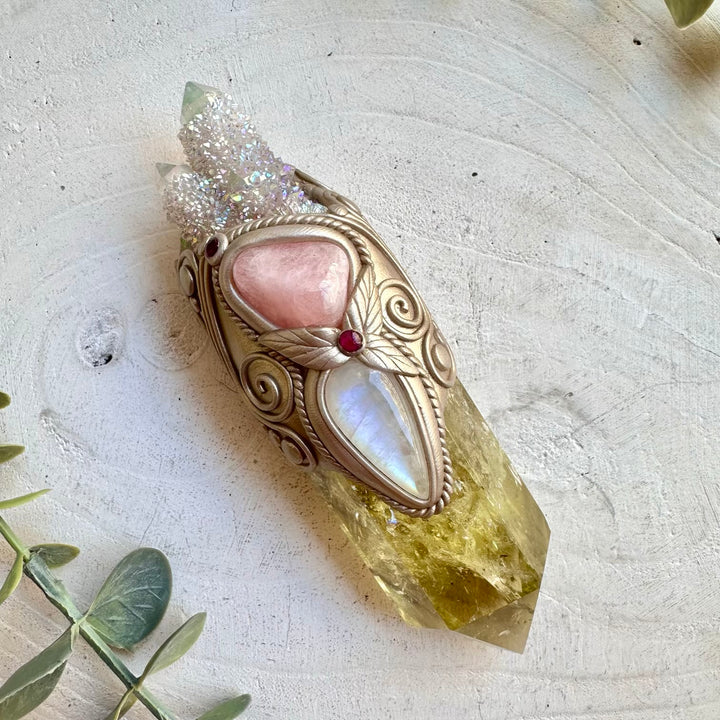 Healing crystal wand with citrine spirit quartz and moonstone spiritual tool