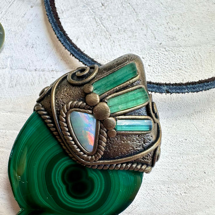 Spiritual jewelry combining malachite tourmaline and opal