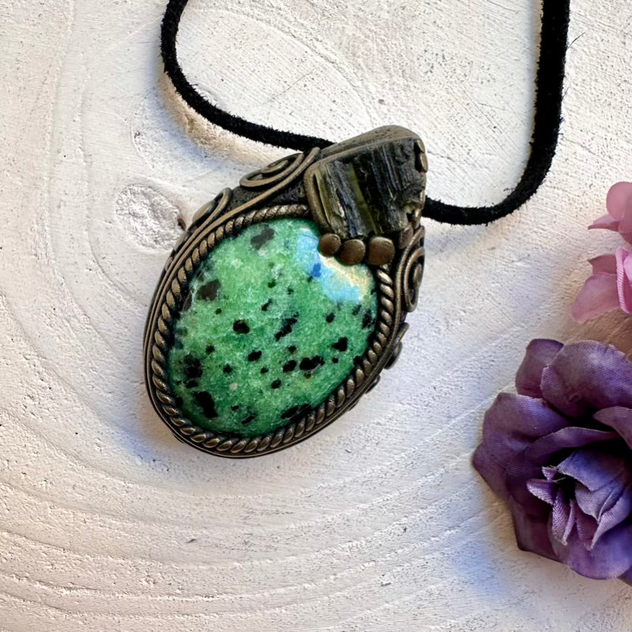 Handmade high-vibration healing crystal pendant necklace featuring raw green Moldavite and natural Zoisite gemstone.