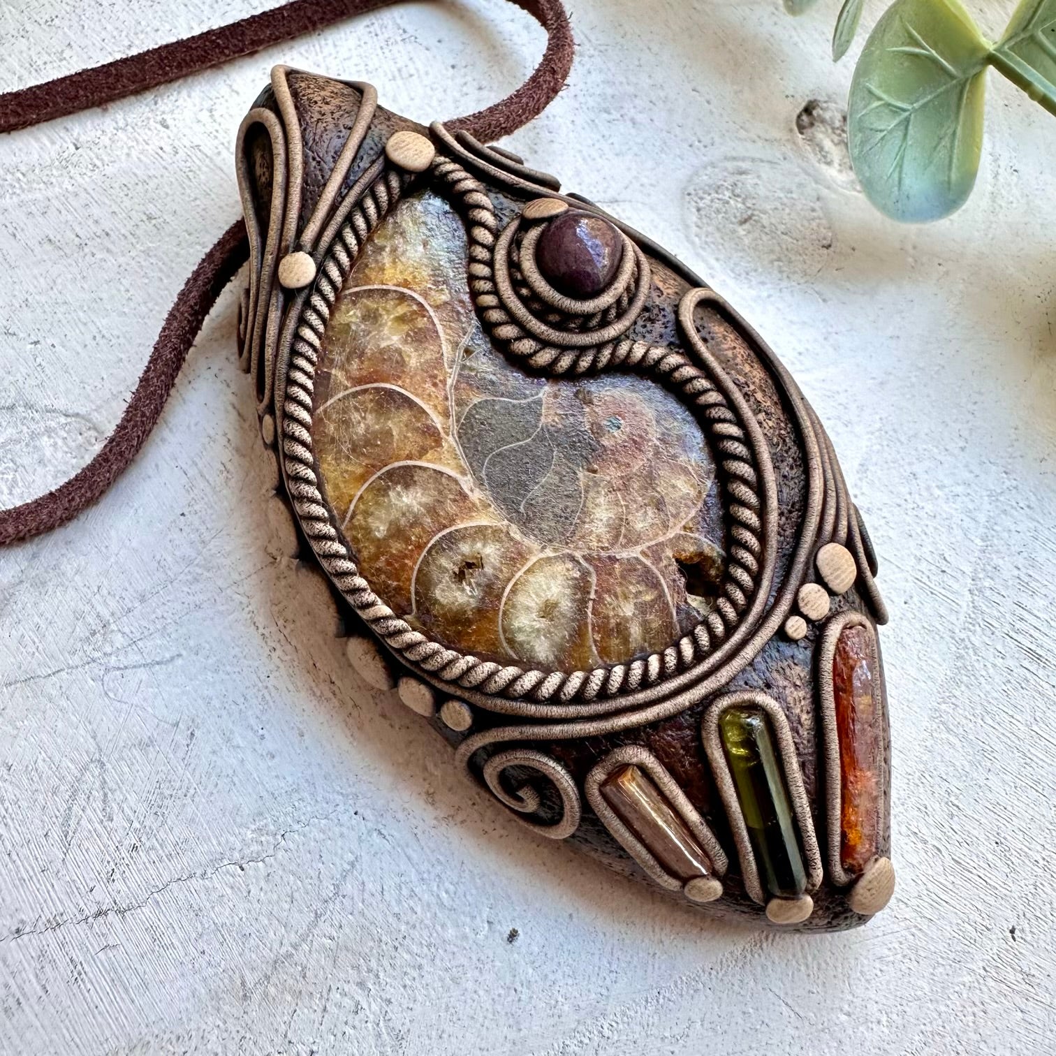 Natural gemstone necklace with ammonite garnet kyanite and tourmaline