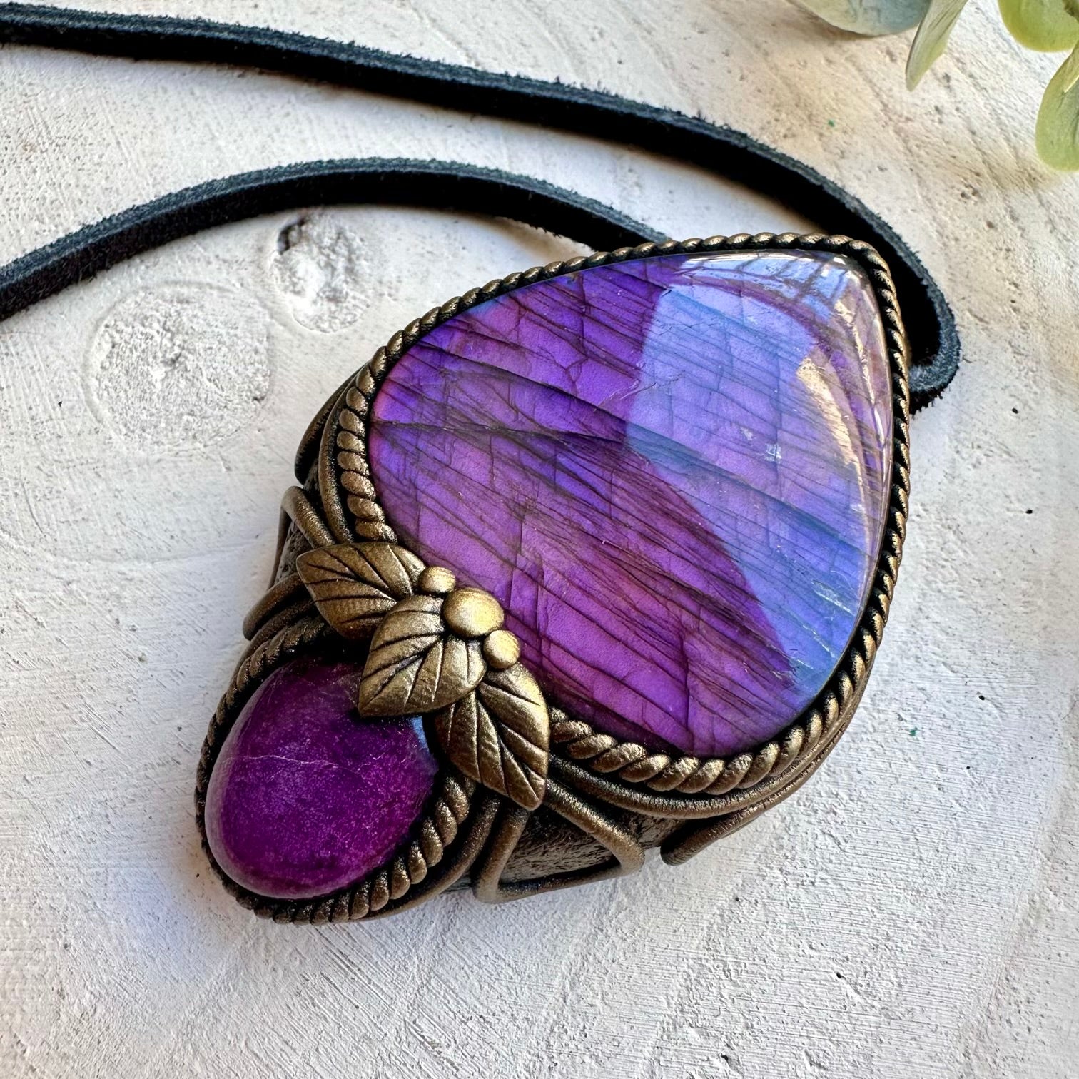 Artisan gemstone necklace with rare stichtite crystal and labradorite