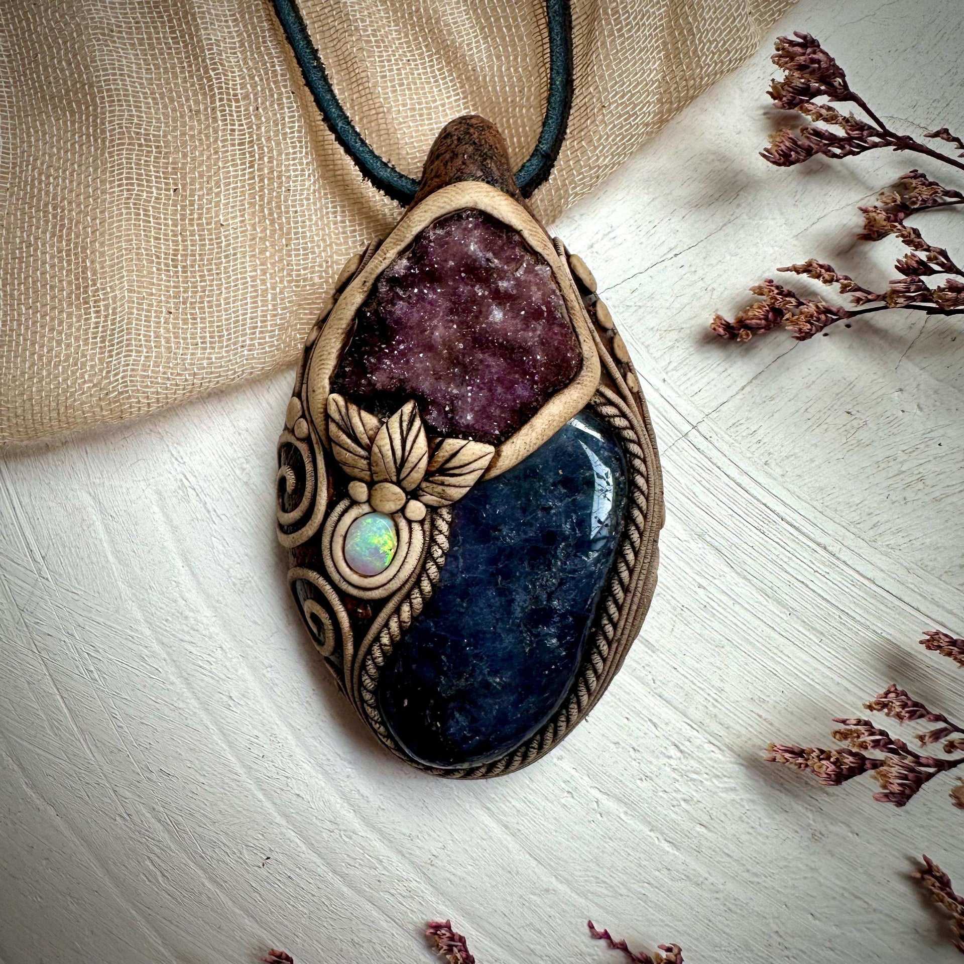 Iolite with Amethyst Cluster and Australian Opal Pendant Necklace - FairyGardenGlow