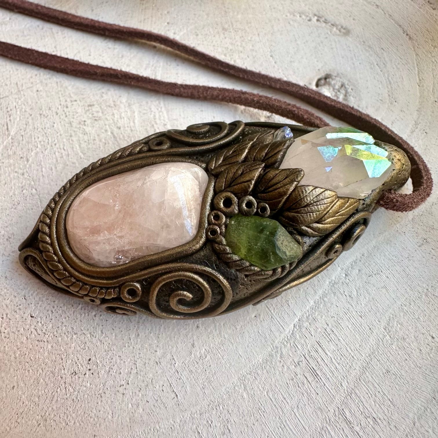 Natural crystal necklace with morganite and peridot