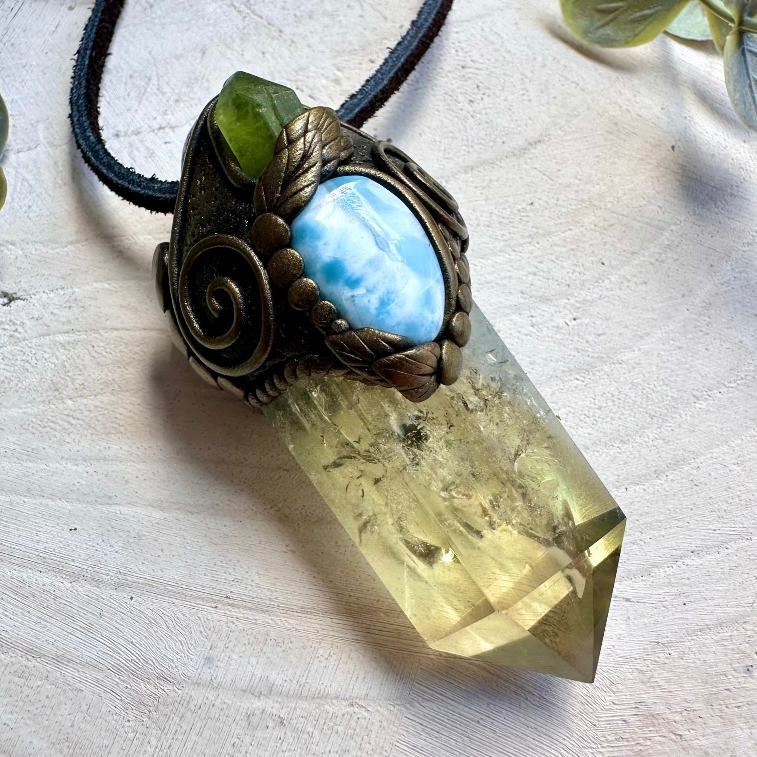 Citrine peridot and larimar healing crystal wand necklace