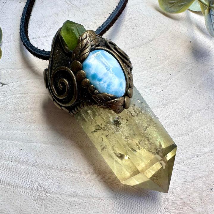 Citrine peridot and larimar healing crystal wand necklace
