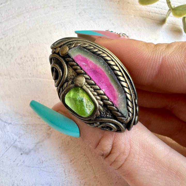 Energy crystal ring with watermelon tourmaline and peridot