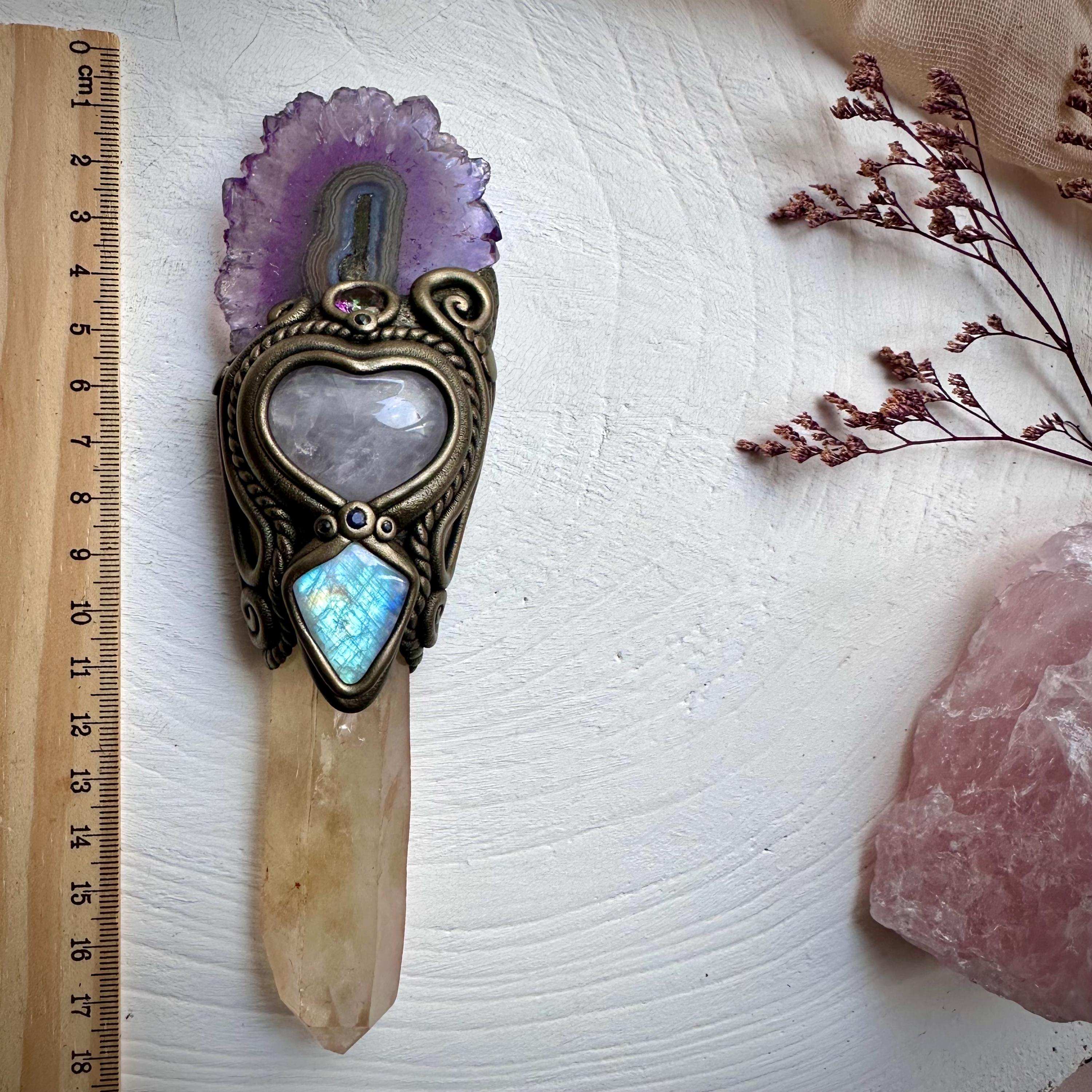 Kundalini Citrine Amethyst Stalactite Rose Quartz Heart Rainbow Moonstone Mystic Topaz Blue Sapphire Wand - FairyGardenGlow