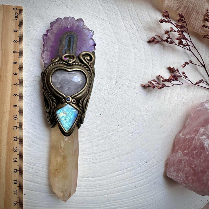 Kundalini Citrine Amethyst Stalactite Rose Quartz Heart Rainbow Moonstone Mystic Topaz Blue Sapphire Wand - FairyGardenGlow