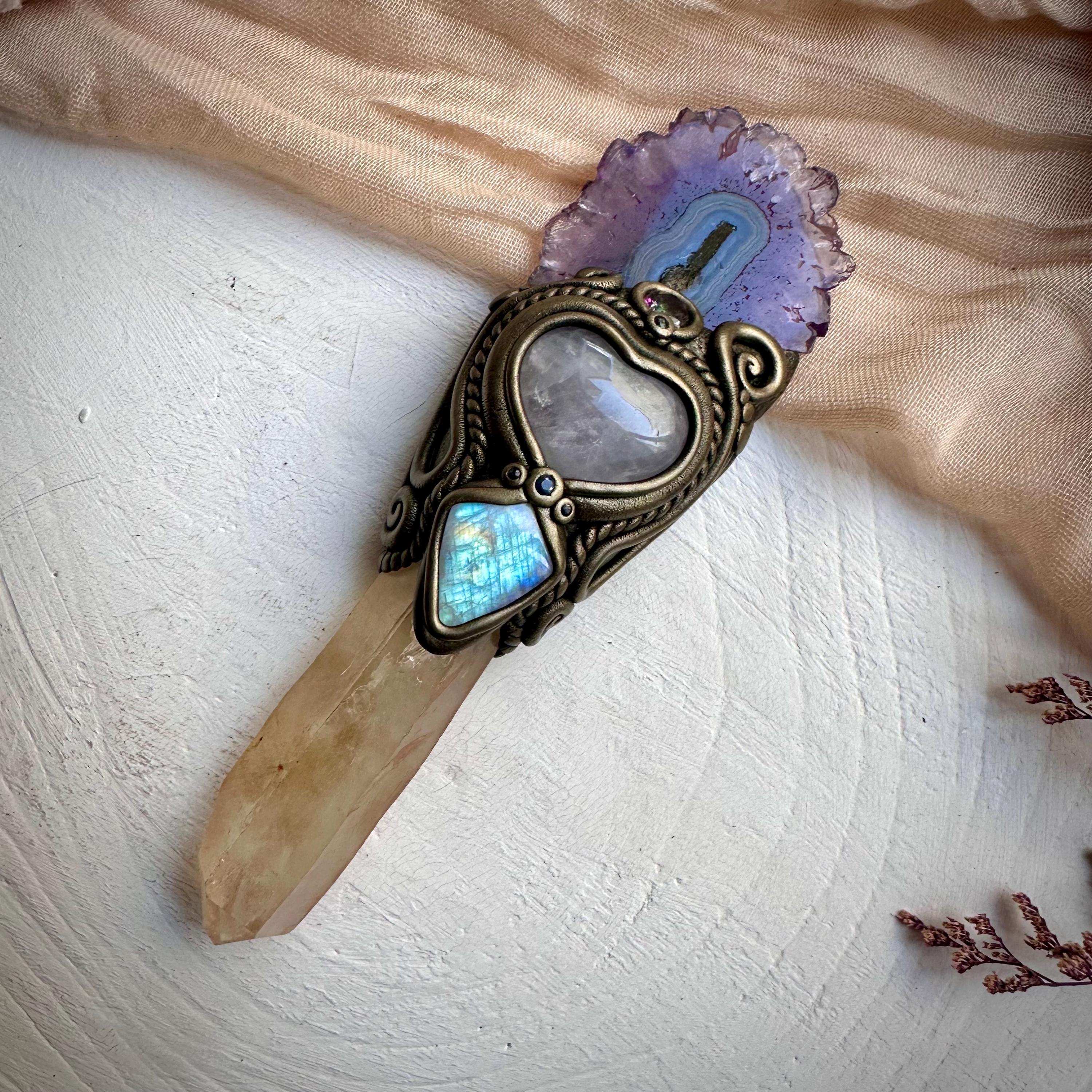 Kundalini Citrine Amethyst Stalactite Rose Quartz Heart Rainbow Moonstone Mystic Topaz Blue Sapphire Wand - FairyGardenGlow
