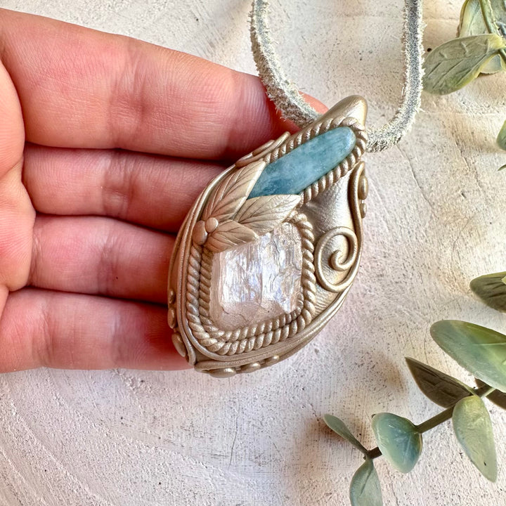 Kunzite and Aquamarine healing crystal pendant necklace handmade with natural gemstones