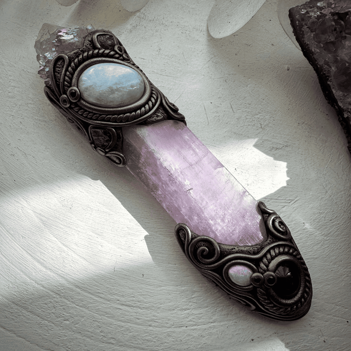Kunzite Crystal Wand, Angel Aura Spirit Quartz Moonstone Tanzanite Amethyst Australian Opal and Blue Sapphire Wand - FairyGardenGlow