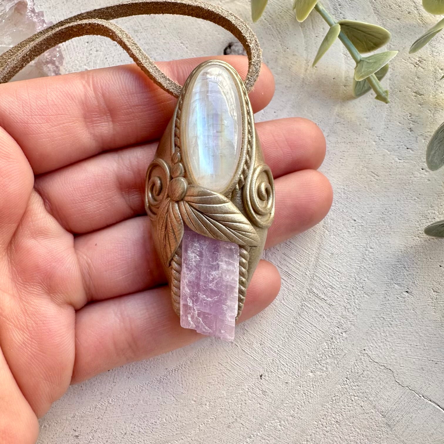 Kunzite and rainbow moonstone necklace
