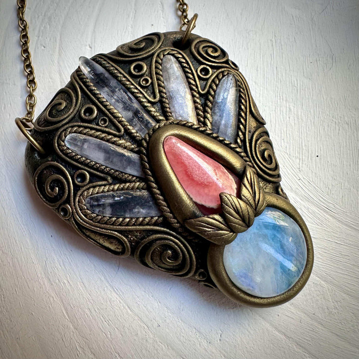 Kunzite Rainbow Moonstone and Rhodochrosite Necklace - FairyGardenGlow